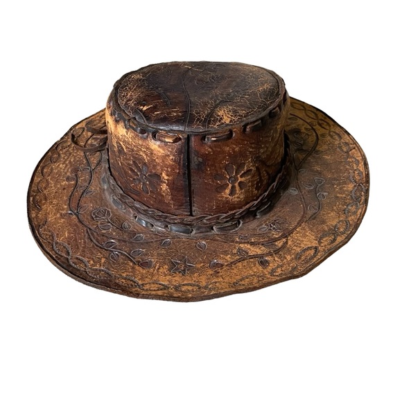 (SOLD) HANDMADE Vintage Hand Tooled Leather Mexican Western Cowboy Hat Hat O/S - Picture 5 of 15